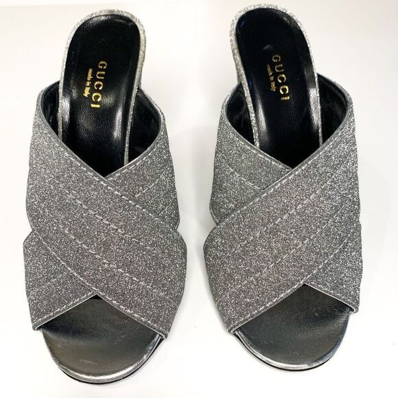 Gucci Webby Mules EU 36.5 US 6.5 Silver Glitter Block Heel Criss Cross Sandals - Picture 4 of 9